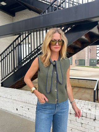 Entro | River Blanket Stitch Knit Top Olive