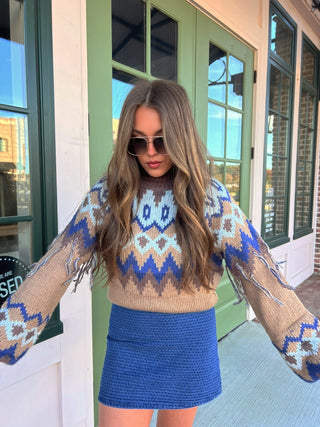 &Merci | Zara Fair Isle Fringe Sweater Taupe Navy