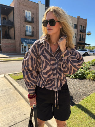 Zebra Print Cropped Jacket Brown Multi