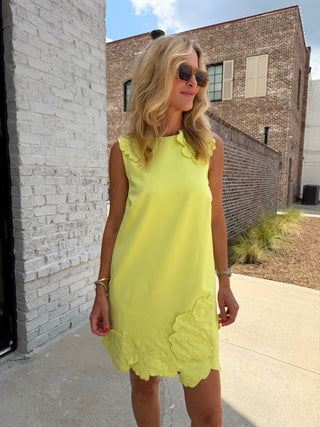 3D Floral Appliqué Shift Mini Dress - Chartreuse