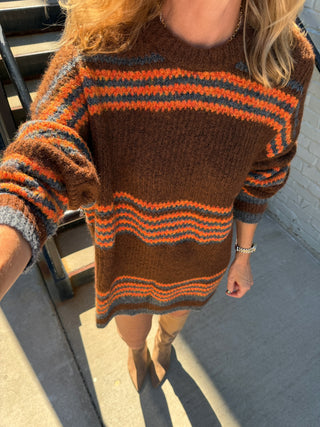 Caroline Striped Sweater Dress Brown Multi