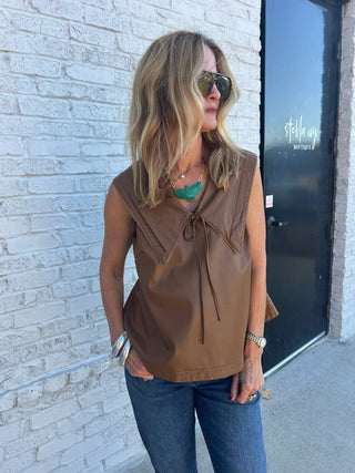The Livy Faux Leather Top Brown