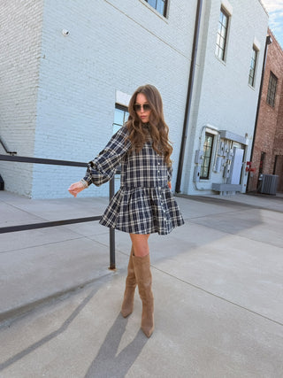 Olivaceous Luci Plaid Babydoll Mini Navy