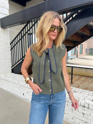 Entro | River Blanket Stitch Knit Top Olive