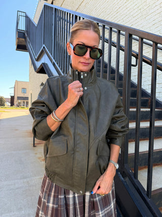 Kari Leather Oversized Jacket Deep Olive