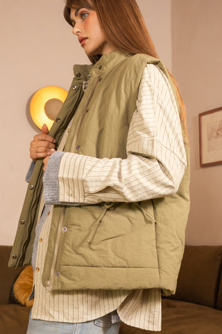 Dreya Ribbon Tie Puffer Vest Sand Olive [Door Buster]