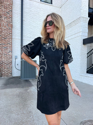 THML | Haisley Embroidered Suede Dress Black