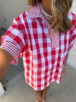 Entro | Gingham Popover Tunic in Red and White