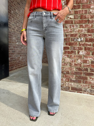 Vervet | Natalie High Rise Full Length Grey Wide Leg Jeans