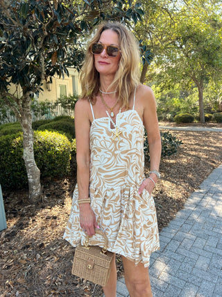 Pretty Follies | Sara Abstract Print Midi Dress Taupe