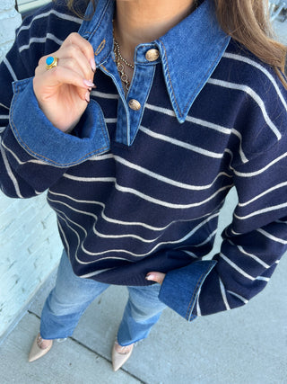 Olivaceous | Sofia Stripe Denim Top Navy Lt Grey