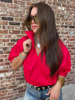 Adrienne | Stand Collar Drop Shoulder Top Red