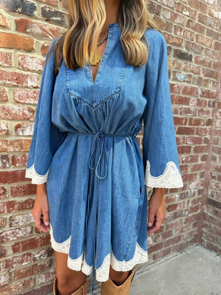 LALAVON | Floral Lace Trim Denim Mini Dress with Pockets