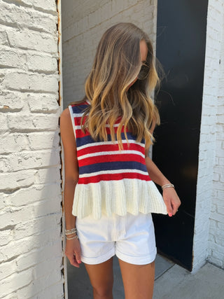 ENTRO Ralphy Stripe Knit, striped sleeveless sweater with fringe