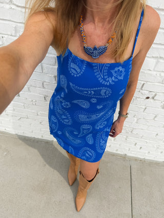 Cobalt Blue Paisley Slip Mini Dress