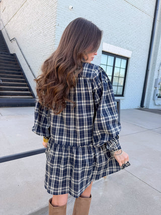Olivaceous Luci Plaid Babydoll Mini Navy
