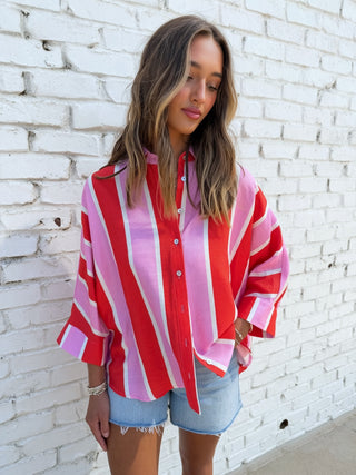 Sunset Stripe Button Down Pink and Red
