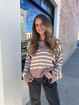 Striped Sailor Collar Sweater Dark Taupe/Cream [Door Buster]