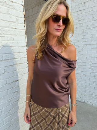 Olivaceous| Kenzie One Shoulder Satin Top Brown