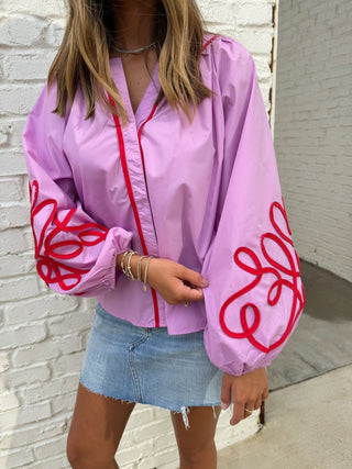 GLAM | Soutache Contrast Detail Puff Sleeve Blouse