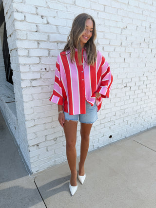 Sunset Stripe Button Down Pink and Red