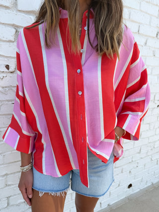 Sunset Stripe Button Down Pink and Red