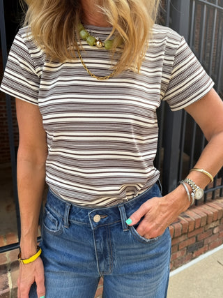 Olivaceous | Mila Stripe Baby Tee Cream and Brown