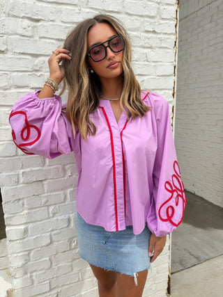 GLAM | Soutache Contrast Detail Puff Sleeve Blouse