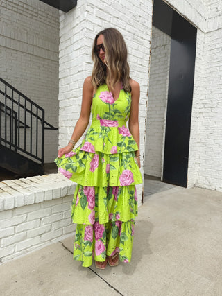 ENTRO | Lime Blooms Tiered Midi Dress