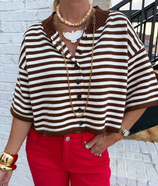 Natalia Stripe Knit Top Brown Ivory