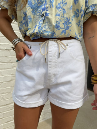 Daze Denim Maddie mid rise drawstring denim shorts in light wash