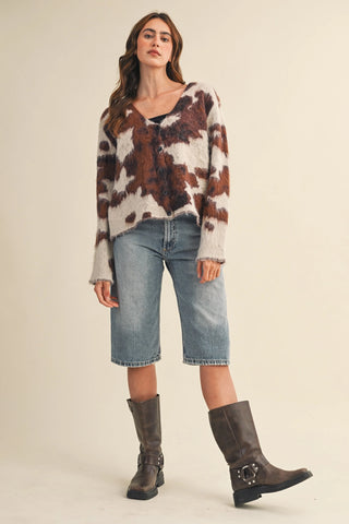 &Merci | Cow Print Sweater Cardigan Brown Multi
