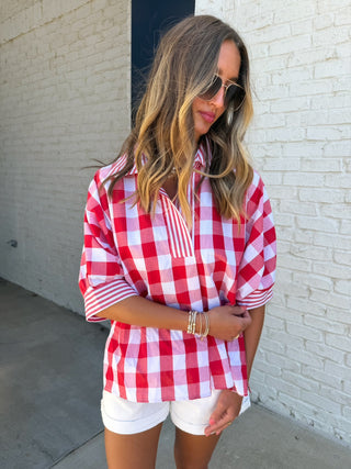 Entro | Gingham Popover Tunic in Red and White