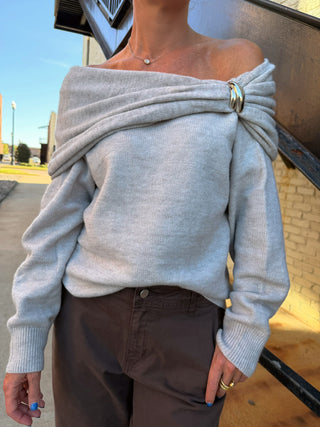 Noelle Off Shoulder Bubble Sweater Grey
