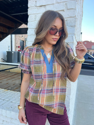 THML | Rayna Puff Sleeve Plaid Top VE