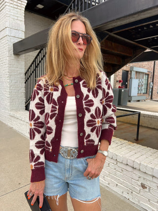 Daisy Vibe Knit Cardigan Wine