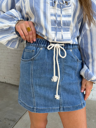 MICA DENIM | Pull On Drawstring Mini Skirt
