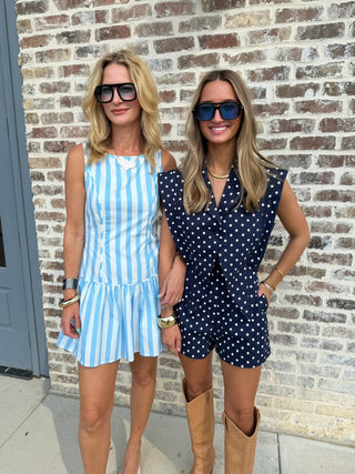 Katherine Drop Waist Mini Dress - Powder Blue/White