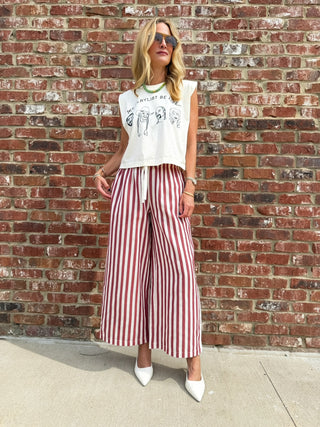 Olivaceous | Cally Drawstring Wide-Leg Pants Red Stripe