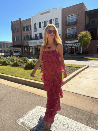 Danielle Tiered Polka Dot Maxi Dress Burgundy