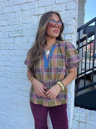 THML | Rayna Puff Sleeve Plaid Top VE