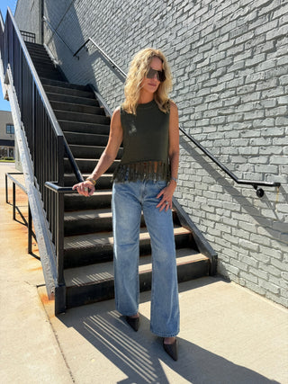 NEEDII Lina Fringe Vest Top Olive