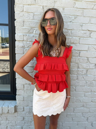 CAMELLIA | Tiered Ruffle Knit Tank - Tomato Red