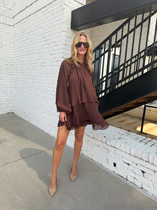 LENA | Brielle Chiffon Mini Dress Brown