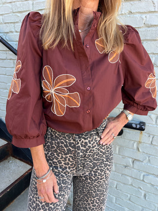 Entro | Arlo Embroidered Ruffle Blouse Chocolate