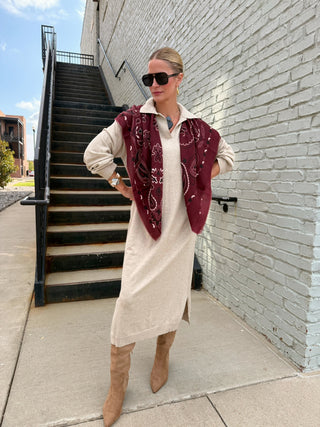 Woolen Bandana Print Scarf Burgundy