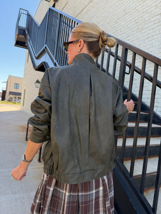 Kari Leather Oversized Jacket Deep Olive