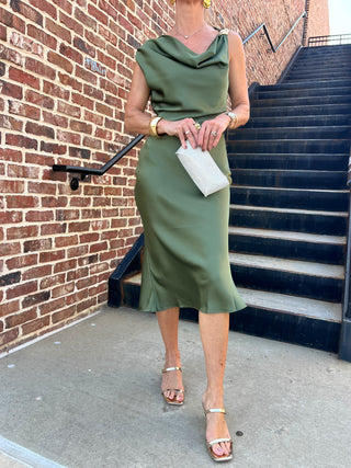 Dress Forum | Brisel Satin Off Shoulder Dress Green Tea