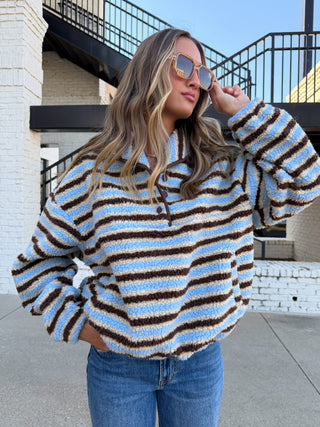 Aubrey Fleece Pullover Light Blue Brown Stripe