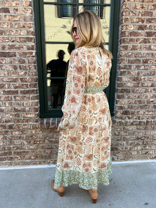 &Merci | Juliette Mixed Paisley Midi Dress Olive Brick Multi